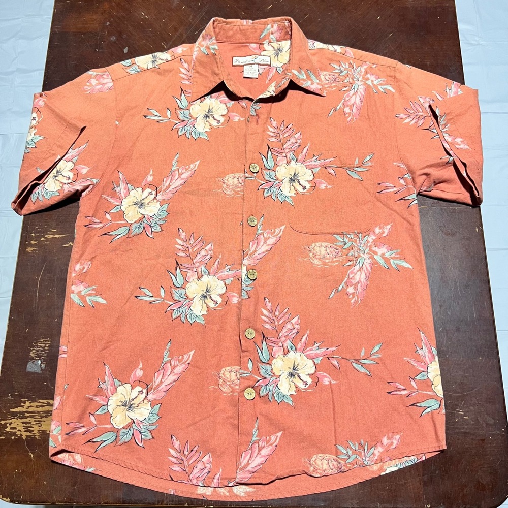 Paradise Blue Mens Silk Cotton Floral Sea Turtle Hawaiian Shirt Orange Medium